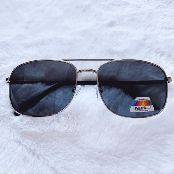 Troy Black w/ Silver Rims Rectangular Polarized Sunglasses - Picture 2 of 10